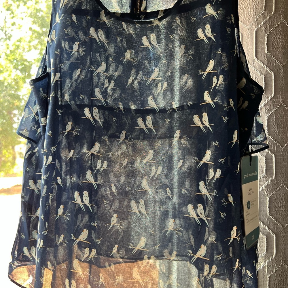 CAbi Navy Sheer Bird Print Blouse